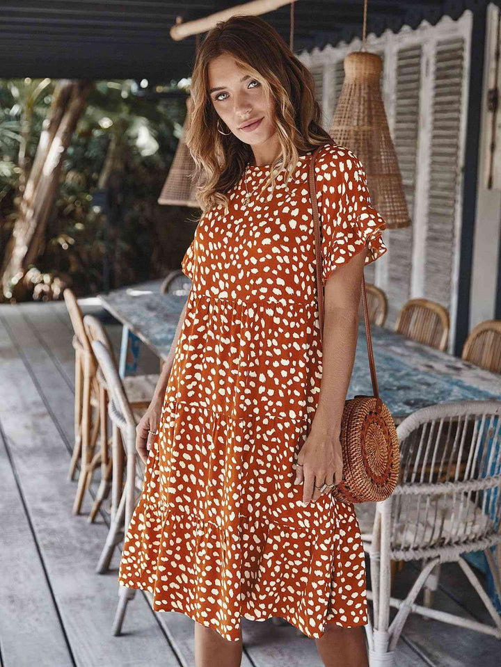 Printed Round Neck Tiered Dress |1mrk.com