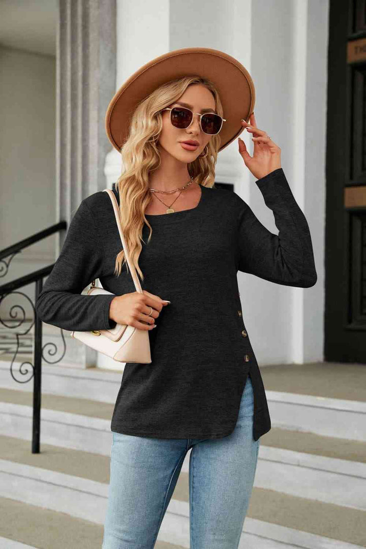 Square Neck Long Sleeve Slit T-Shirt | 1mrk.com