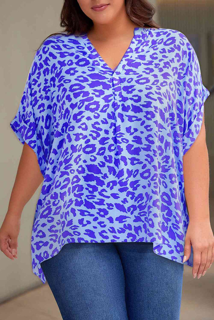 Plus Size Printed Notched Neck Half Sleeve Top | 1mrk.com