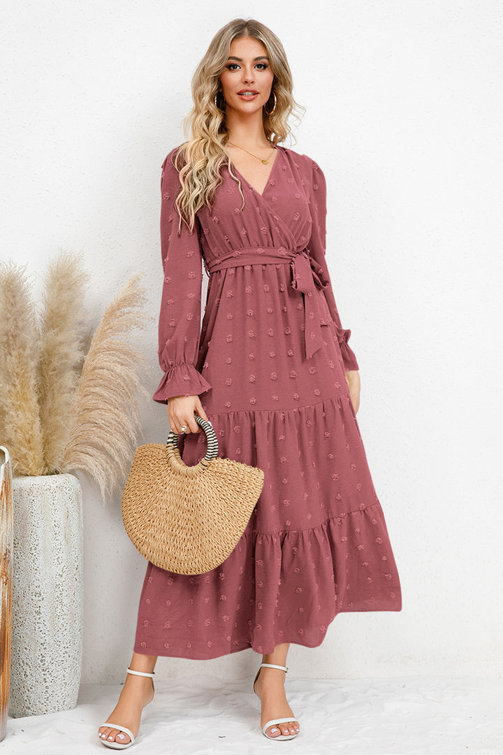 Swiss Dot Tied Surplice Flounce Sleeve Dress | Trendsi