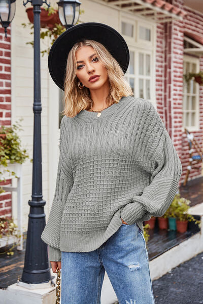 Ribbed Drop Shoulder Lantern Sleeve Sweater | Trendsi