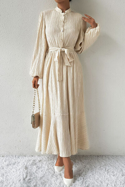 Tied Button Up Balloon Sleeve Dress |1mrk.com