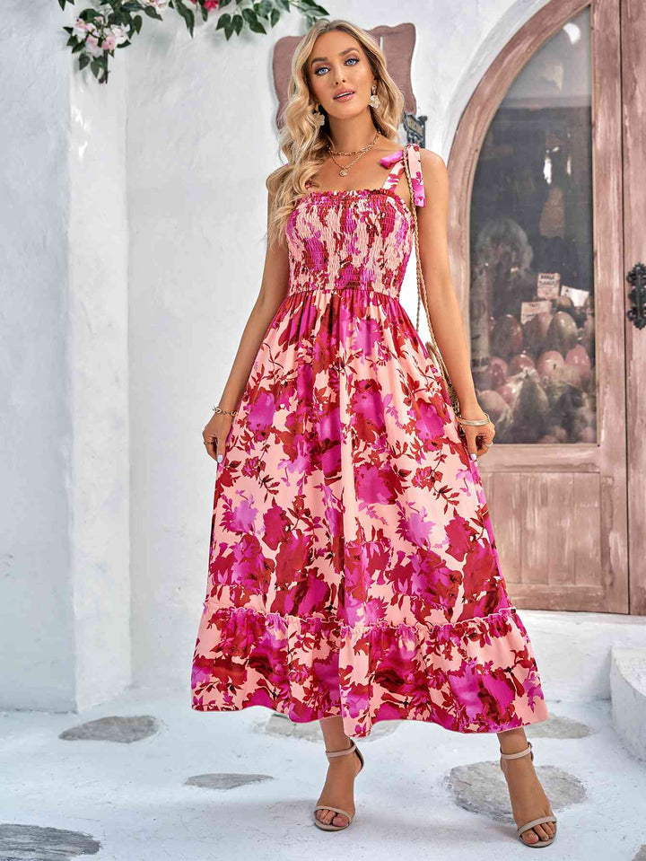 Floral Tie-Shoulder Frill Trim Smocked Dress |1mrk.com