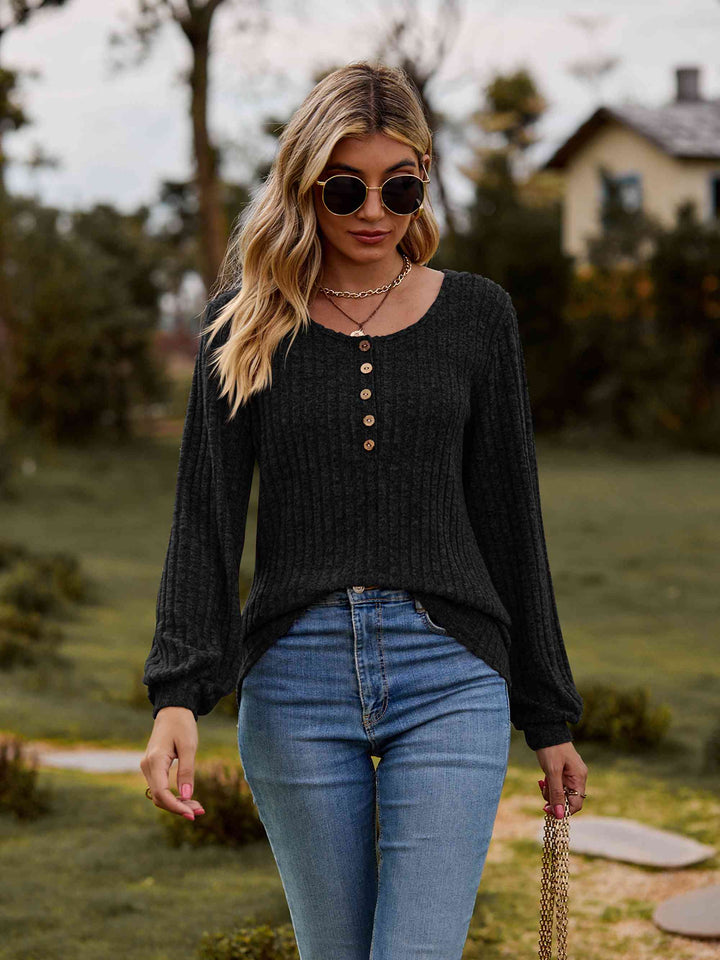 Round Neck Button-Down Long Sleeve Tee | 1mrk.com