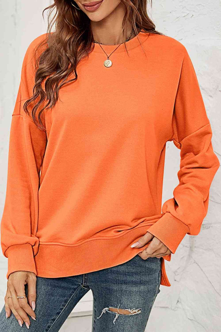 Round Neck  Dropped Shoulder Slit Sweatshirt |1mrk.com