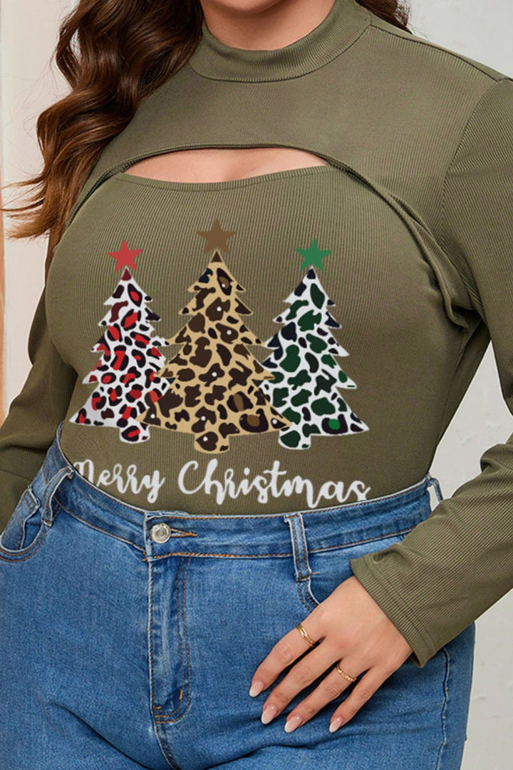 Plus Size Christmas Tree Graphic Cutout Round Neck Long Sleeve Blouse | Trendsi