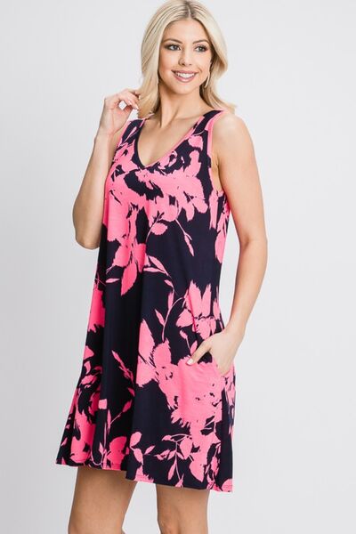 Heimish Full Size Floral V-Neck Tank Dress with Pockets |1mrk.com