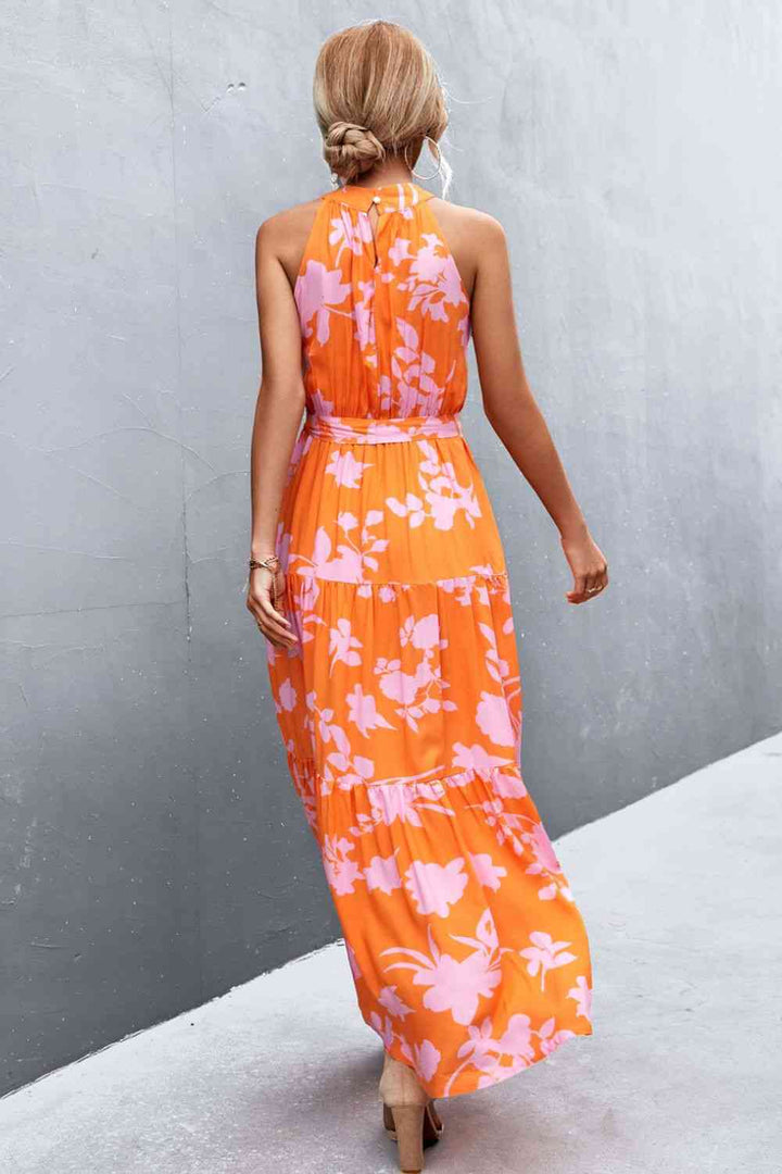 Printed Sleeveless Tie Waist Maxi Dress |1mrk.com