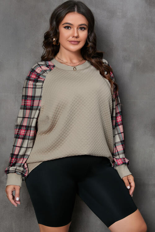 Plus Size Plaid Round Neck Long Sleeve Sweatshirt |1mrk.com