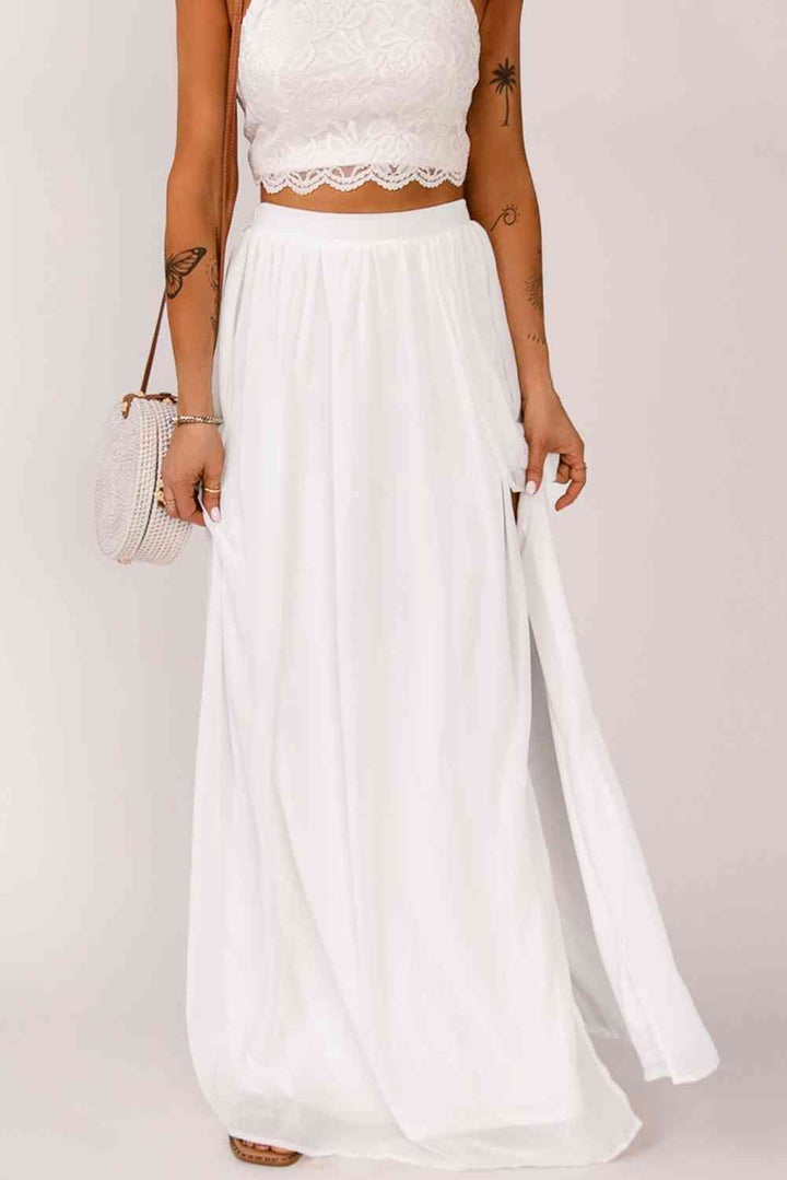 Elastic Waistband Split Maxi Skirt |1mrk.com