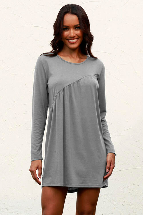 Ruched Round Neck Long Sleeve Dress | 1mrk.com