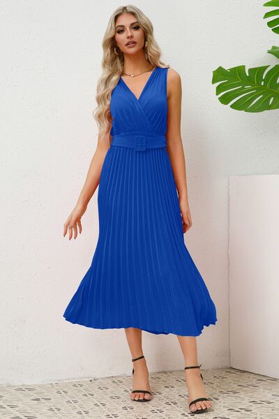 Surplice Sleeveless Midi Pleated Dress |1mrk.com