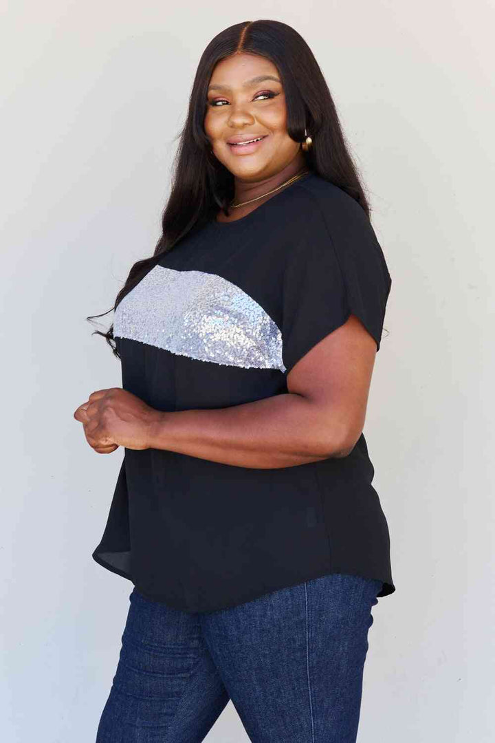 Sew In Love Shine Bright Full Size Center Mesh Sequin Top in Black/Silver | 1mrk.com