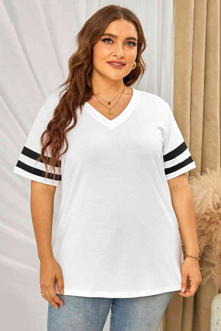 Plus Size Striped V-Neck Tee Shirt | 1mrk.com