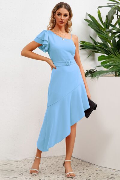 Ruffled Asymmetrical Neck Flutter Sleeve Dress |1mrk.com