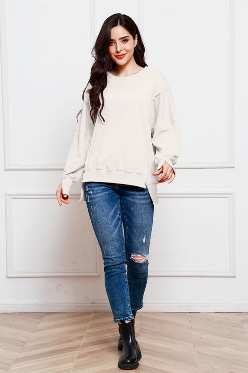 Exposed Seam Long Sleeve Slit Sweatshirt |1mrk.com