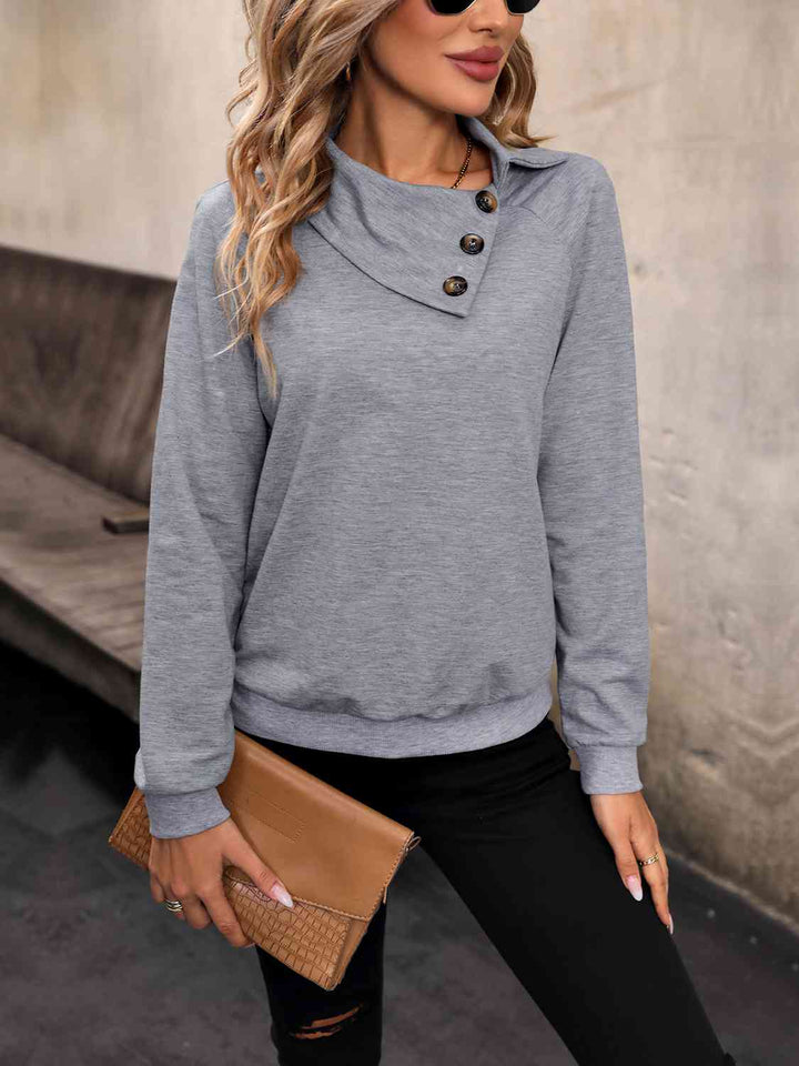 Mock Neck Raglan Sleeve Buttoned Sweatshirt |1mrk.com