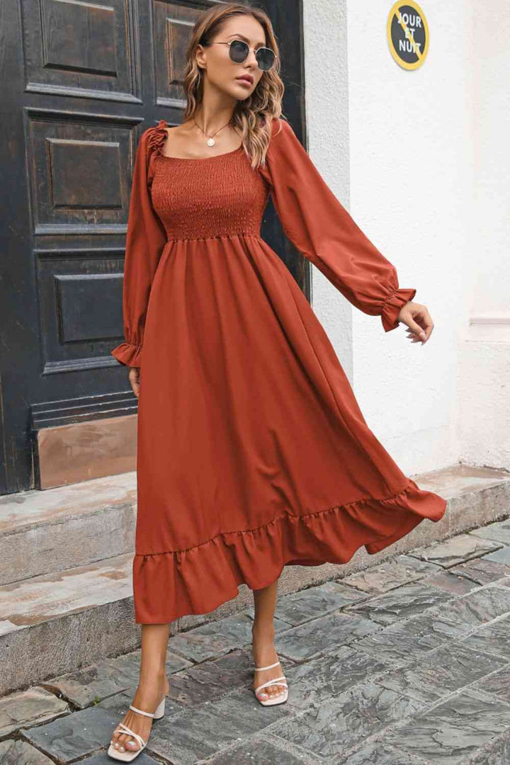 Smocked Ruffle Hem Flounce Sleeve Dress |1mrk.com