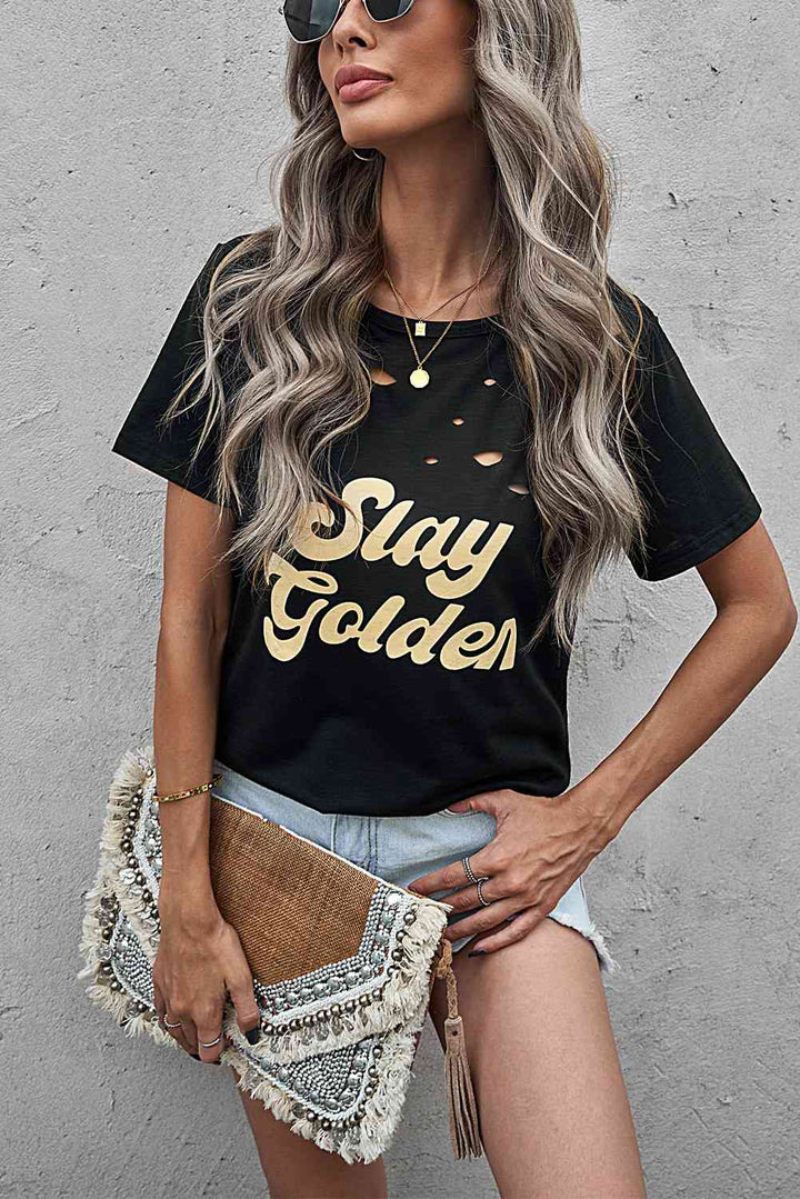 SLAY GOLDEN Distressed Round Neck Tee | 1mrk.com