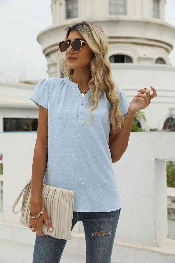 Swiss Dot Notched Neck Short Sleeve Top | 1mrk.com