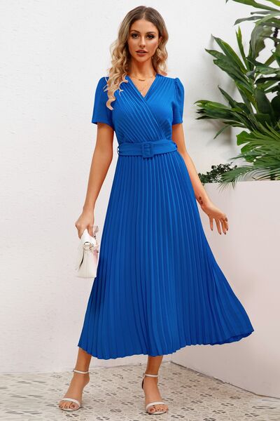 Pleated Surplice Short Sleeve Midi Dress |1mrk.com