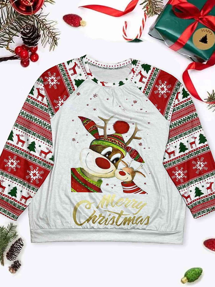 Plus Size Reindeer Graphic Round Neck Long Sleeve T-Shirt | 1mrk.com