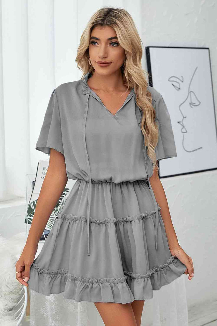Tie Neck Frill Trim Short Sleeve Mini Dress |1mrk.com
