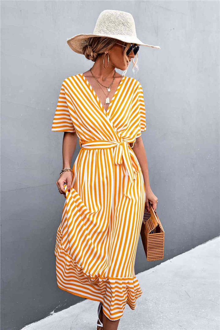 Striped Tie Belt Midi Dress |1mrk.com