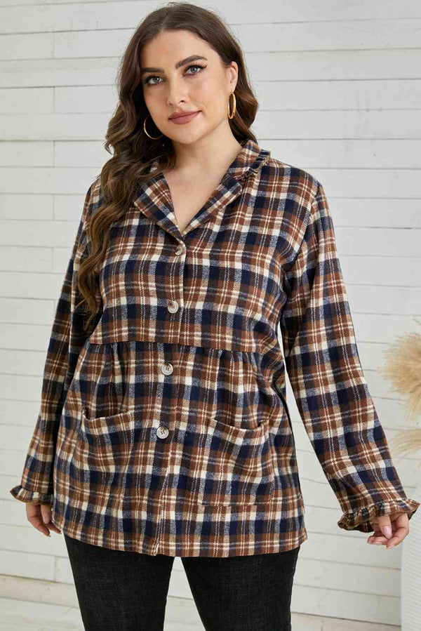 Plus Size Plaid Buttoned Collared Shacket |1mrk.com