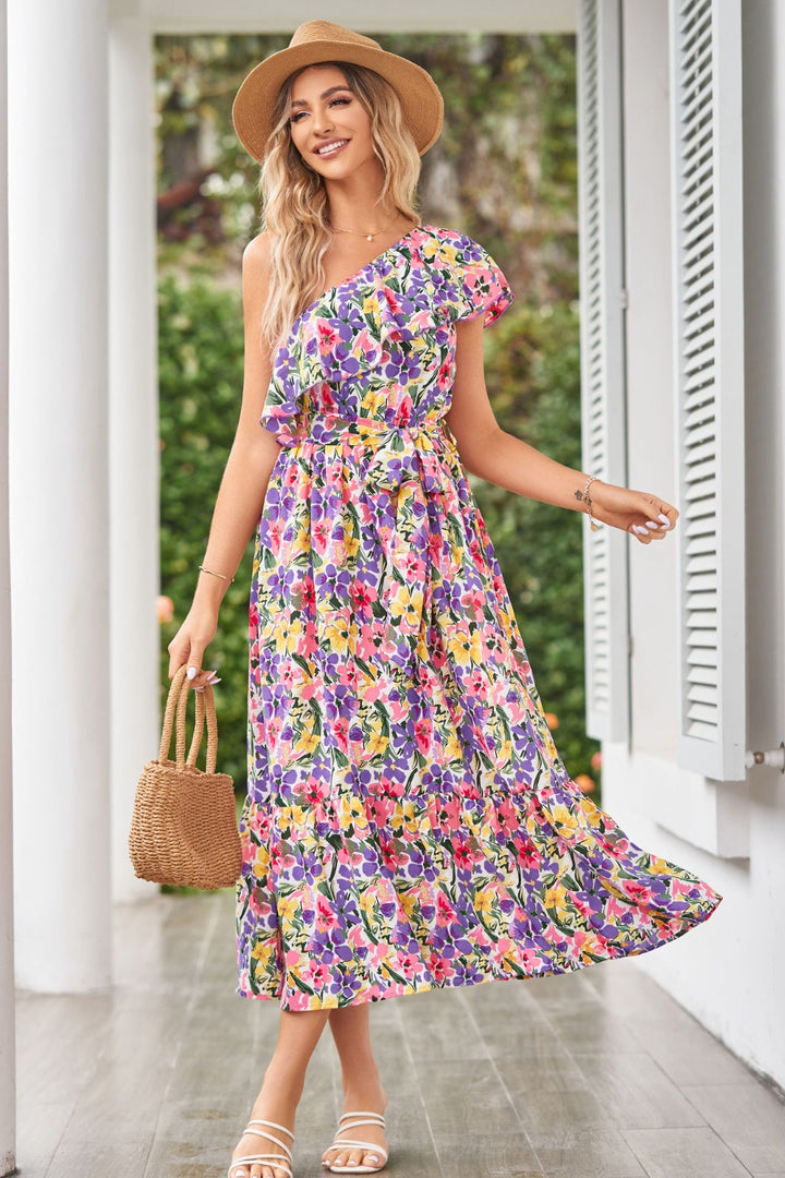 Ruffled Floral One Shoulder Dress | Trendsi