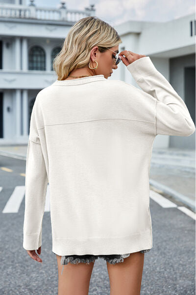 Round Neck Dropped Shoulder Sweater |1mrk.com