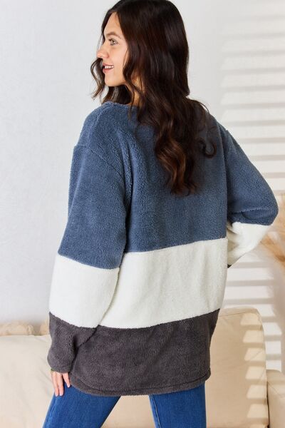 Culture Code Faux Fur Color Block V-Neck Sweater |1mrk.com