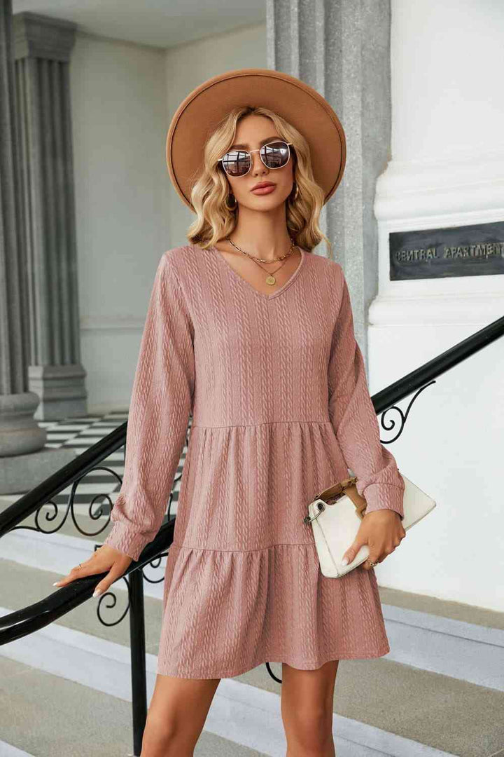 V-Neck Long Sleeve Mini Dress |1mrk.com