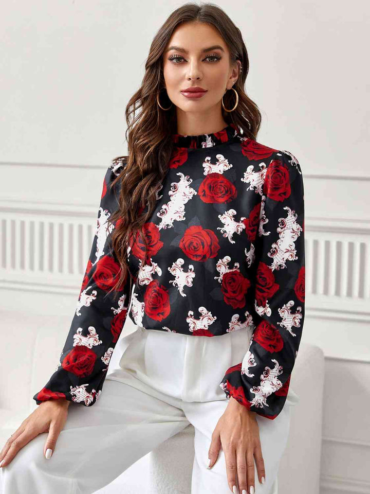 Floral Mock Neck Long Sleeve Blouse |1mrk.com