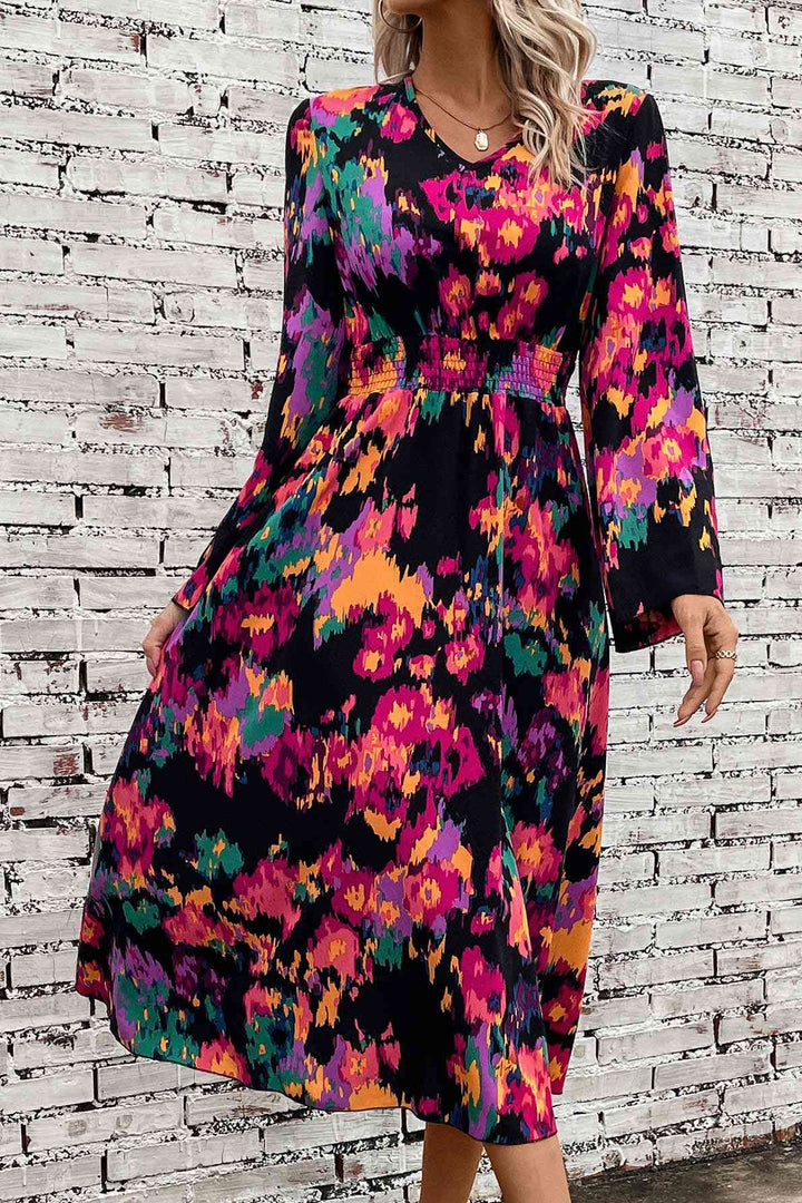 Printed Smocked Waist Midi Dress |1mrk.com