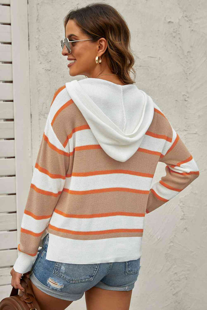 Striped Drawstring Hooded Sweater |1mrk.com