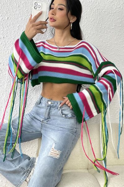 Fringe Striped Round Neck Knit Top | Trendsi