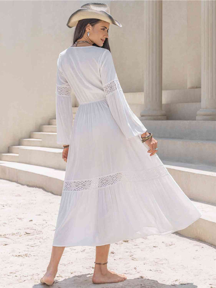 Tie Neck Long Sleeve Midi Tiered Dress | 1mrk.com