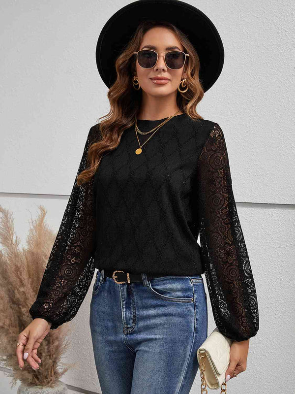 Round Neck Long Sleeve Blouse | 1mrk.com