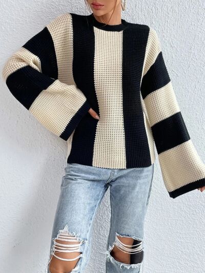 Striped Mock Neck Long Sleeve Sweater | Trendsi