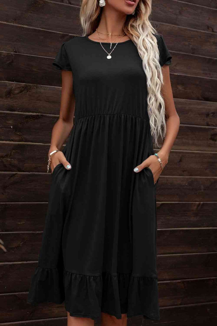 Round Neck Ruffle Hem Pocket Dress |1mrk.com