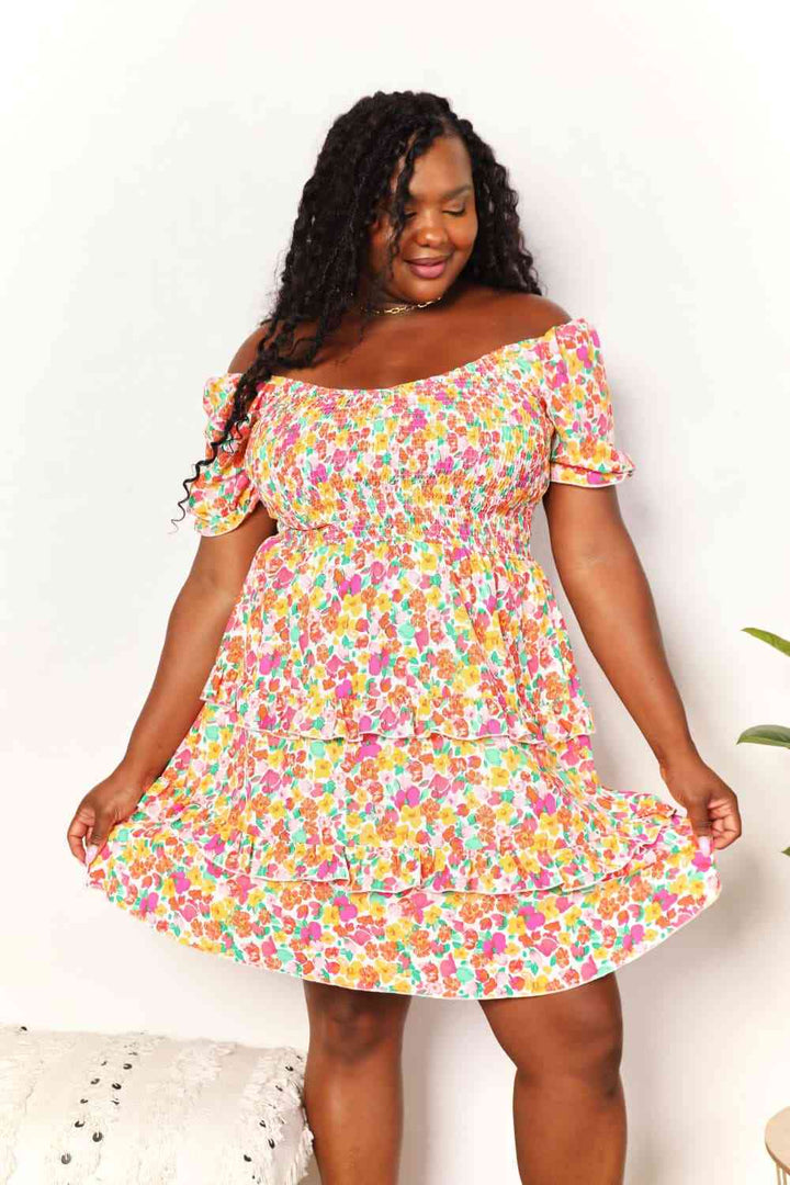 Double Take Smocked Sweetheart Neck Flounce Sleeve Mini Dress | 1mrk.com