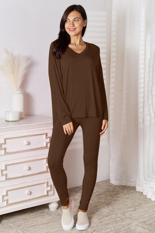 Basic Bae Full Size V-Neck Soft Rayon Long Sleeve Top and Pants Lounge Set | 1mrk.com