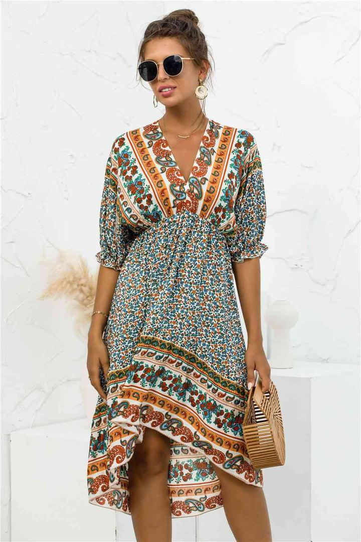 Printed Bohemian V Neck Dress |1mrk.com