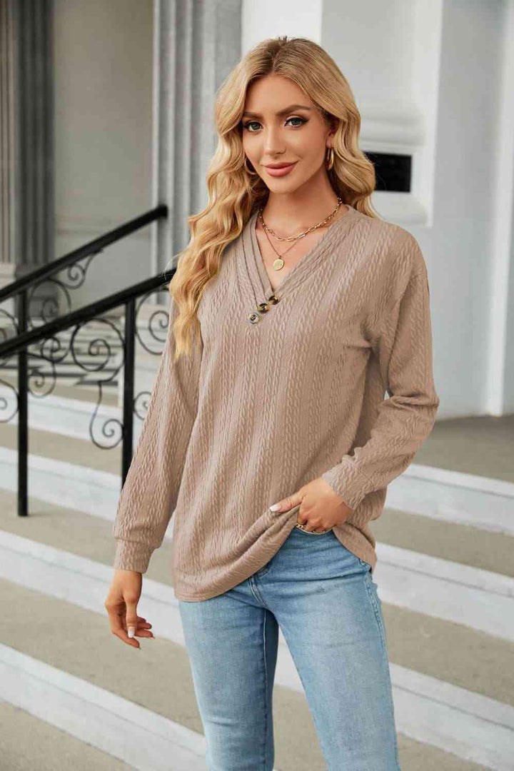 Decorative Button V-Neck Long Sleeve T-Shirt | 1mrk.com