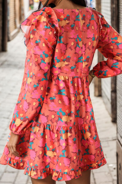 Printed Ruffle Trim Balloon Sleeve Tiered Dress |1mrk.com