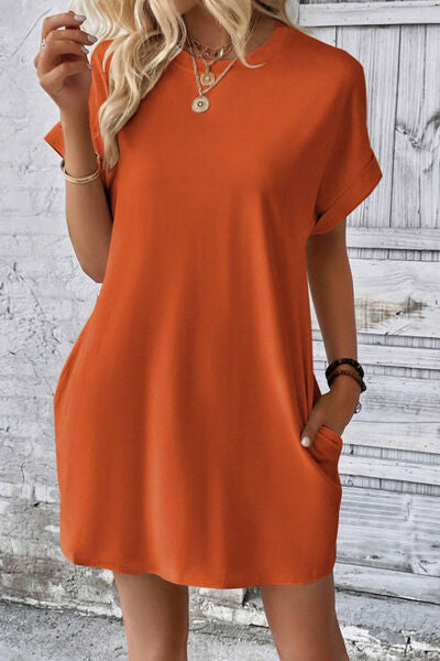 Pocketed Round Neck Short Sleeve Dress |1mrk.com