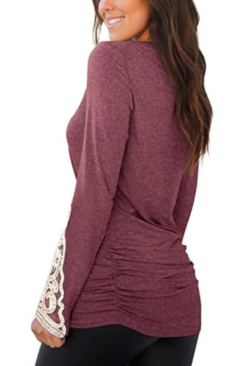 Lace Detail Long Sleeve Round Neck T-Shirt | 1mrk.com