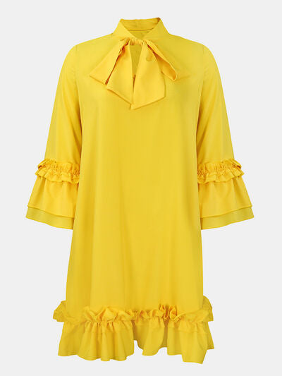 Frill Tie Neck Three-Quarter Sleeve Dress |1mrk.com