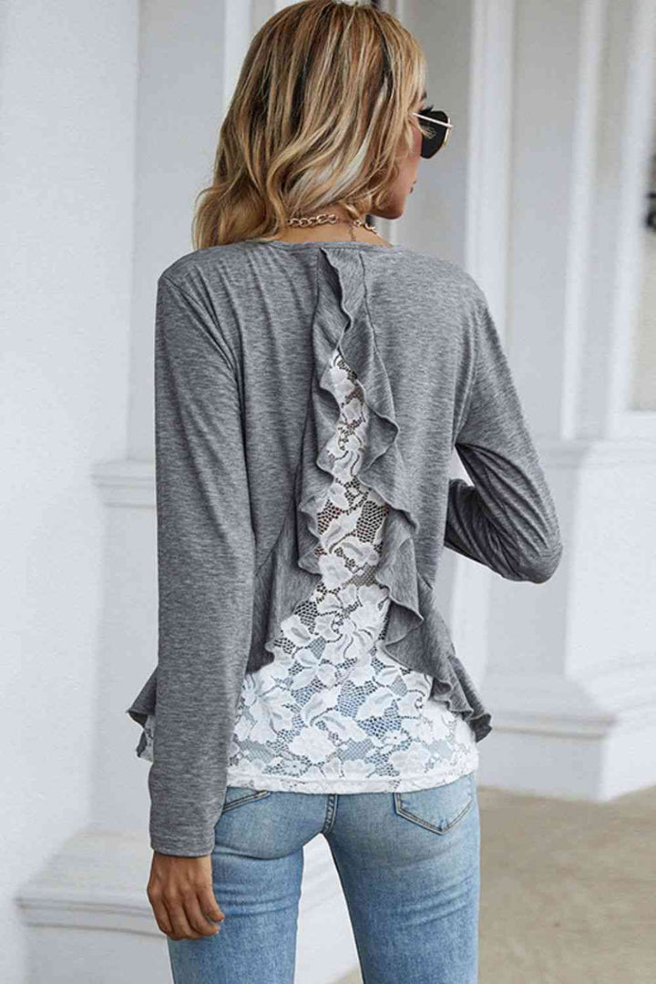 Spliced Lace Ruffled Long Sleeve Tee | 1mrk.com